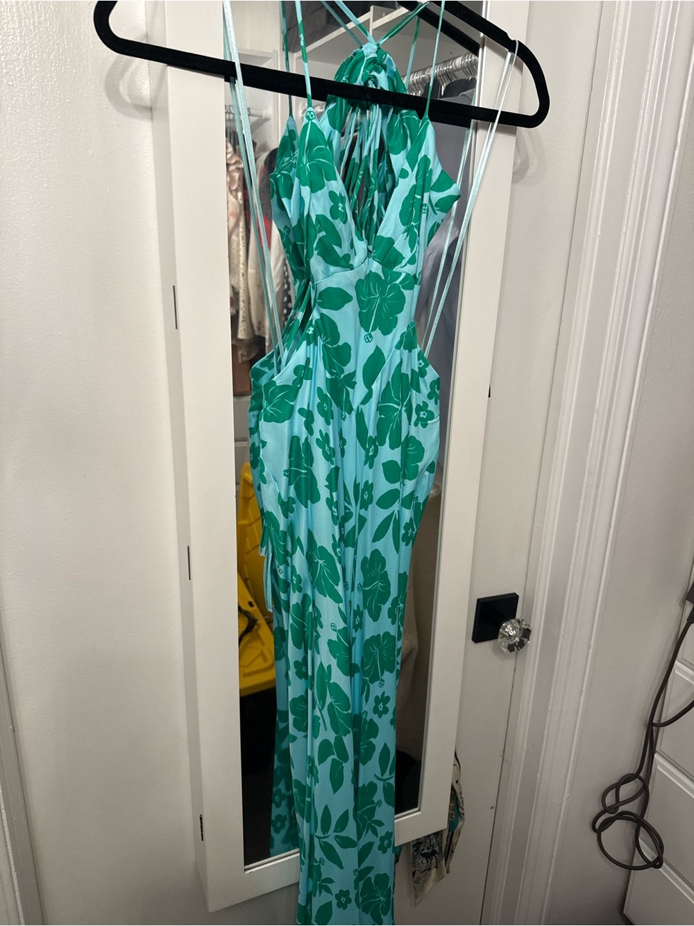 Zara Aqua Halter Midi Dress with Green Floral Print